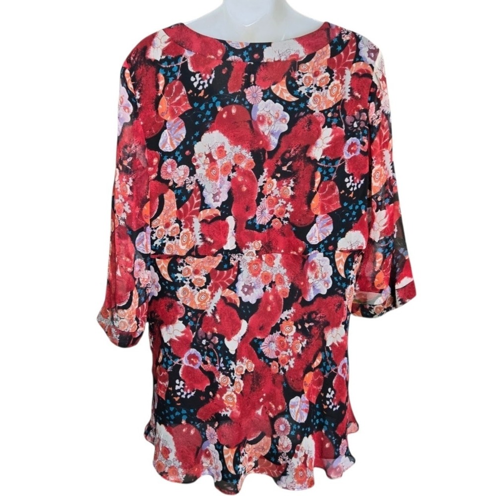 Avenue Womens Romantic Boho Silk Floral Tunic Top Size 14 16 Bell Sleeve Dainty - Picture 6 of 8